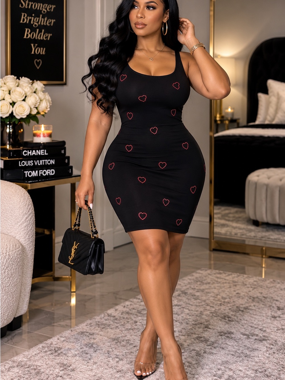 Black Mini Bodycon Dress with Red Heart Detail